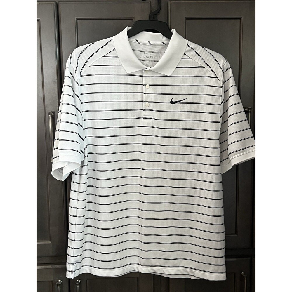Nike Golf Dri-Fit Polo Shirt Men's Large White & Black Striped Standard Fit